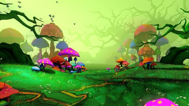 Movement Through A Fabulous Forest With Colorful Mushrooms. Green Grass Moves In The Wind. Animation On The Theme Of Fairy Tales, Travel, Fantasy And Nature.