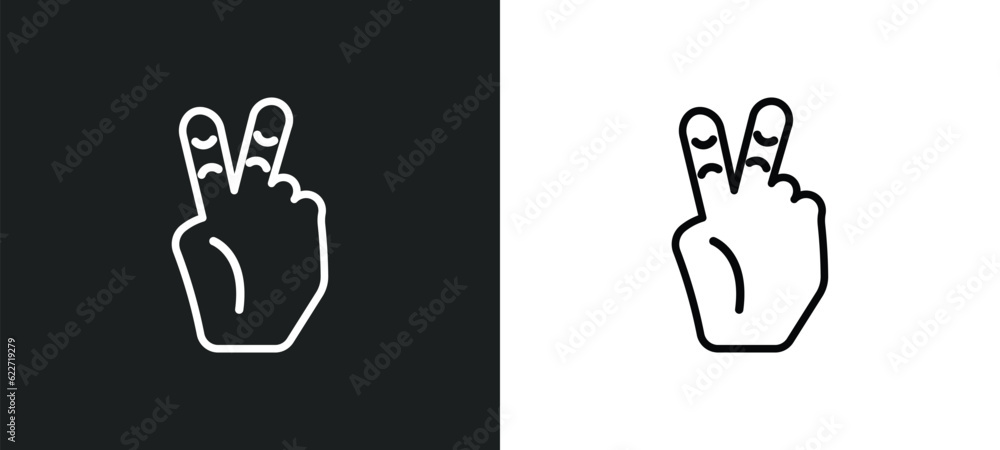 Poster two fingers up outline icon in white and black colors. two fingers up flat vector icon from gestures