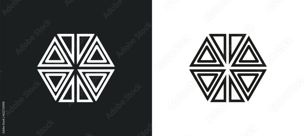 Poster triangle inside hexagon outline icon in white and black colors. triangle inside hexagon flat vector 