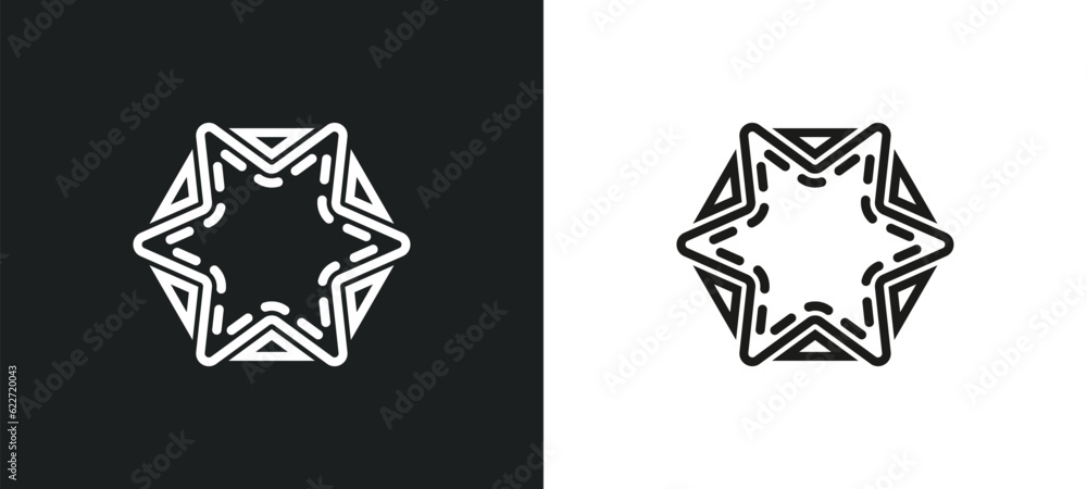 Poster star in hexagon of small triangles outline icon in white and black colors. star in hexagon of small 