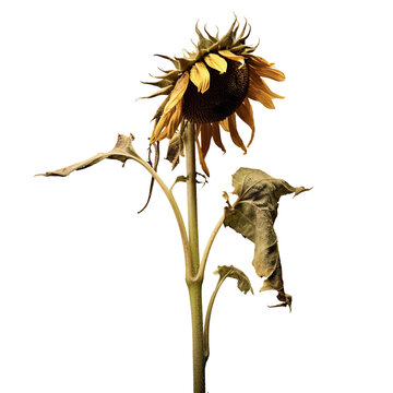 Wilted sunflower at dusk. isolated object, transparent background
