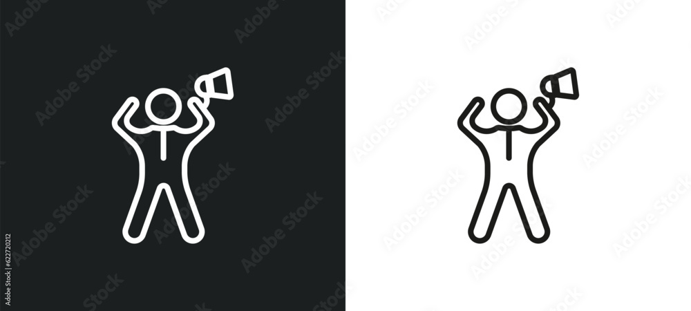 Poster leader with loudspeaker outline icon in white and black colors. leader with loudspeaker flat vector 