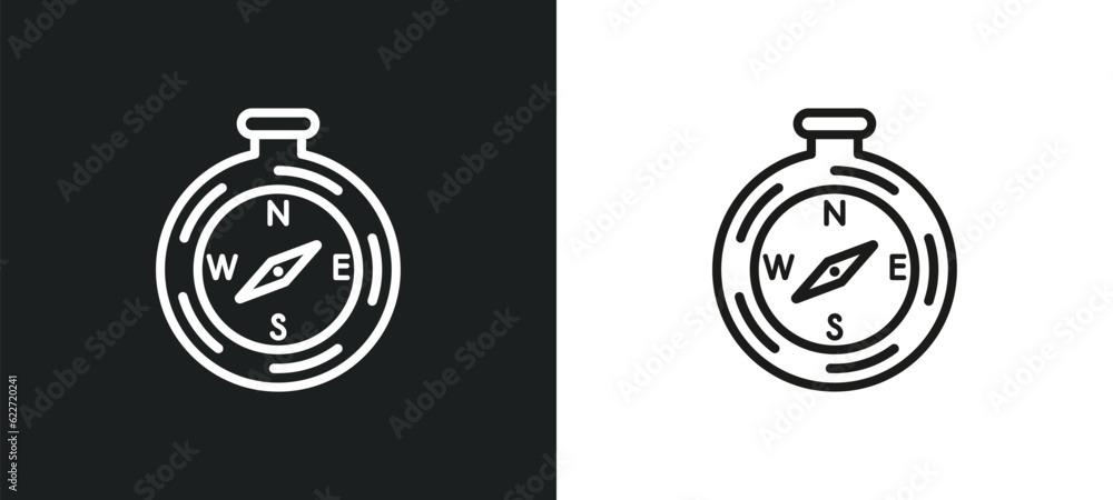 Poster compass pointing south east outline icon in white and black colors. compass pointing south east flat