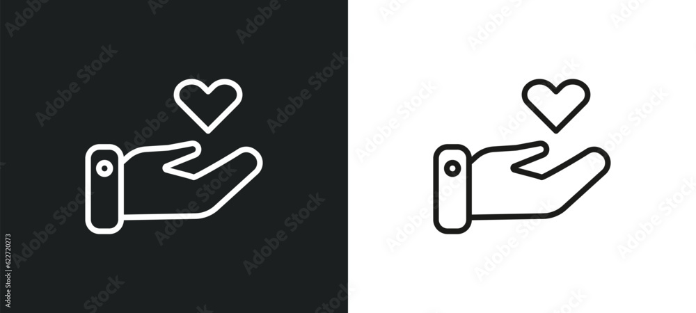Poster heart between hands outline icon in white and black colors. heart between hands flat vector icon fro