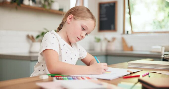 Art, drawing and child for practice with notebook on kitchen table for relaxing with sketch at home Education, creative and paper with kid for homework for school with color, pencil for project.