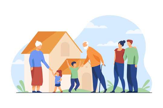 Parents bringing kids to grandparents house vector illustration. Cartoon drawing of big family, children playing with elderly people. Family, communication, love, connection, relationship concept