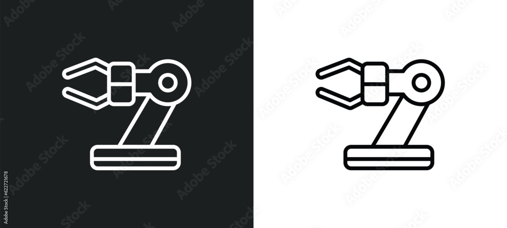 Poster robot arm outline icon in white and black colors. robot arm flat vector icon from future technology 