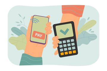 Hands holding phone and payment terminal vector illustration. Drawing of customer using smartphone for contactless payment, convenience and safety of using mobile bank. Payment, technology concept