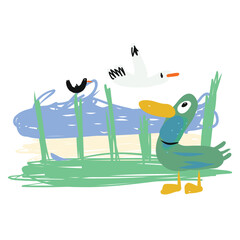 Doodle of birds flying over dune beach landscape with a duck. Vector Illustration.