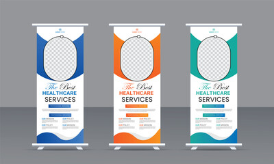 Professional health care and medical roll up design, standee and banner template decoration for exhibition, printing, presentation and flyer design
