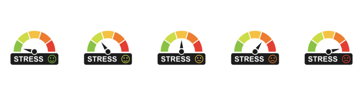 Stress level meter icon set. Emotion overload, burnout and fatigue from work. Stress regulation, safe health. Stress level meter gauge emotion stages. Vector illustration