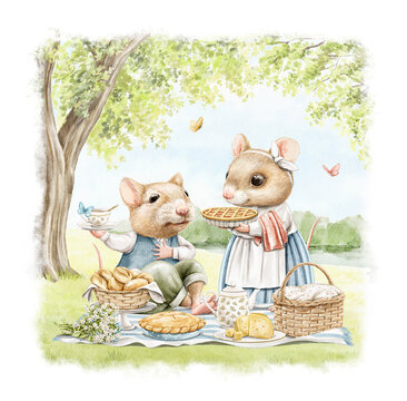 Watercolor vintage composition with couple mice animals in vintage clothes on picnic with food and tea party in summer green landscape isolated on white background. Hand drawn illustration sketch