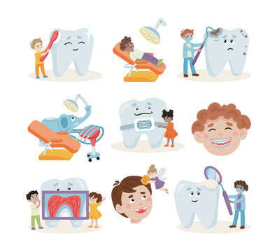 Happy children and oral hygiene vector illustrations set. Cartoon drawings of tiny boys and girls cleaning huge teeth, kids in dentist office. Dentistry, oral hygiene, dental care, childhood concept
