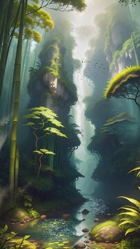 fantasy green forest with high cliffs and bamboo. Cartoon or anime watercolor painting illustration style. seamless looping virtual vertical video animation background.