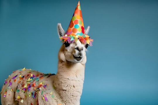 Funny and friendly cute alpaca wearing a brithday party hat in studio, on a vibrant, colorful background. Generative AI