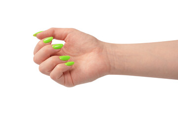 Hand of a woman with green naols hold some tiny or thin object.
