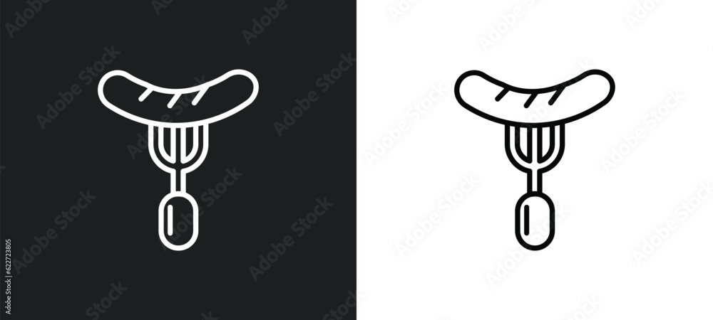 Poster burning sausage on a fork outline icon in white and black colors. burning sausage on a fork flat vec