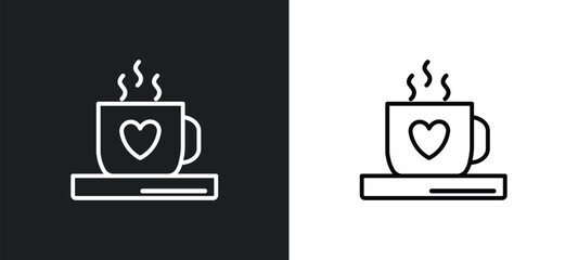 hot coffee cup with hearts outline icon in white and black colors. hot coffee cup with hearts flat vector icon from food collection for web, mobile apps and ui.