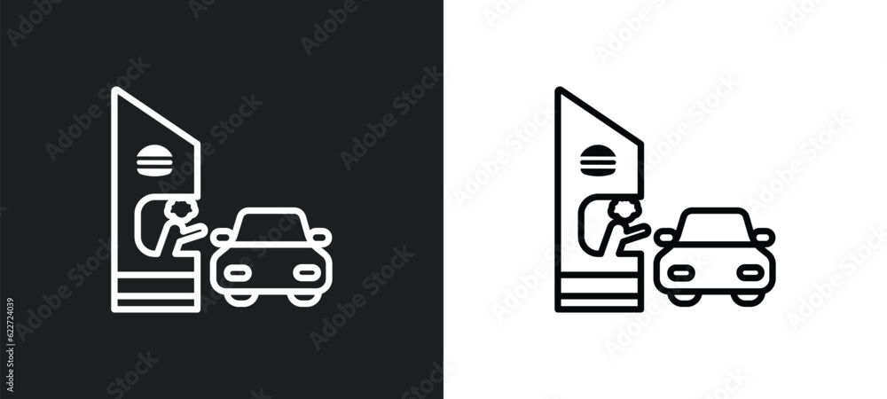 Poster drive through outline icon in white and black colors. drive through flat vector icon from food colle