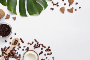 Spa self care concept. Flat lay composition of homemade coffee scrub ingredients on white background with blank space, top view. Items for spa treatments