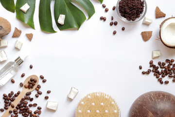 Spa self care concept. Flat lay composition of homemade coffee scrub ingredients on white...