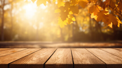 Naklejka na ściany i meble Wooden table. Blurred nature garden autumn background. Generative AI
