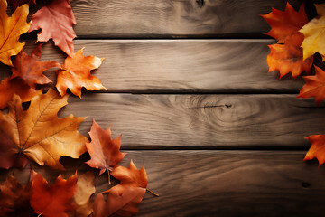 Naklejka na ściany i meble autumn leaves on wooden floor background, create using generative AI tools