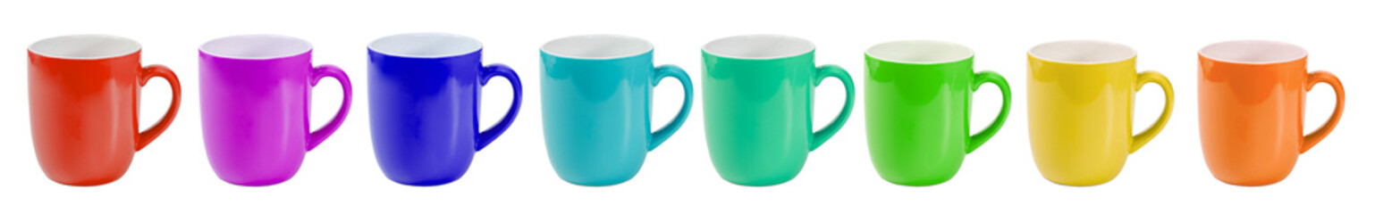 Mockup set of clean colorful coffee mugs with handle isolated on white background. close up front view of coffee mug, blank space no logo in color of rainbow isolated on white background.