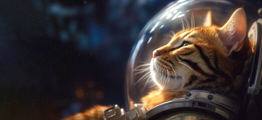 Cat astronaut in a spacesuit in outer space. Banner, copy space. AI generation