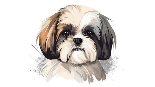 Illustration of a cute shih tzu puppy on a white isolated background. AI generation