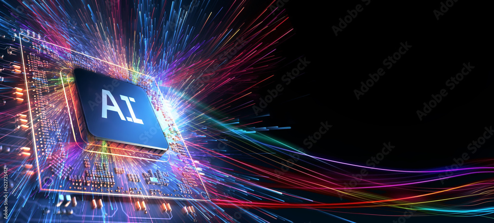 Fototapete ai word on microchip and colorful light spread with strong beam , ai concept with copyspace banner b
