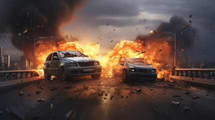 Fototapeta na wymiar Accident of two cars caught fire on the road. AI generation