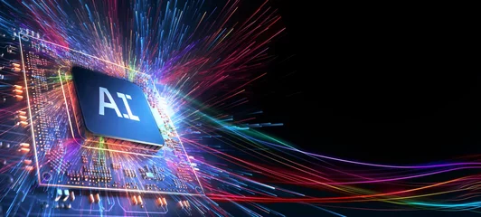 AI word on microchip and colorful light spread with strong beam , AI concept with copyspace banner background, Generative AI. © happystock