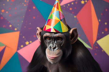 Funny and friendly cute chimpanzee wearing a brithday party hat in studio, on a vibrant, colorful background. Generative AI