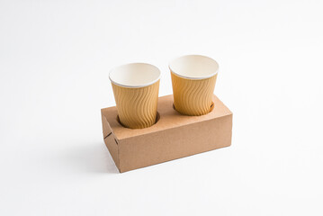Disposable packaging for food delivery on a white background. Eco paper tableware
