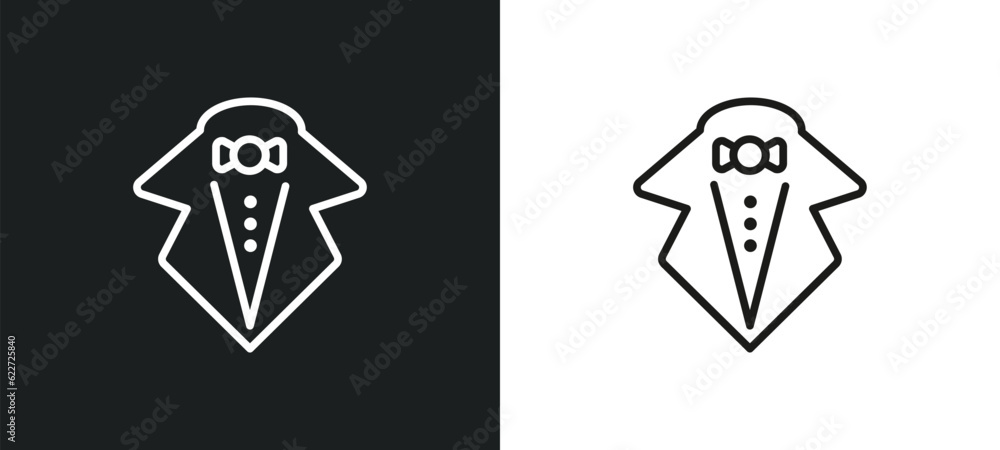 Poster tux outline icon in white and black colors. tux flat vector icon from fashion collection for web, mo