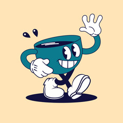 A cheerful, vintage cartoon-style coffee cup mascot with a wide smile and limbs is depicted walking and waving with one hand on a solid beige background, vector illustration