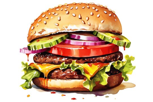 Watercolor burger on white background Generative AI 