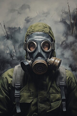 Army soldier in combat uniform in a gas mask with a chemical protection mask and in and a combat helmet on. Generative AI