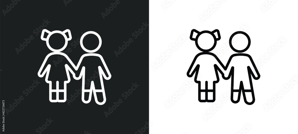 Poster sibling outline icon in white and black colors. sibling flat vector icon from family relations colle