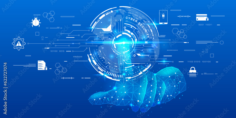 Fototapete Cyber security of futuristic low poly wireframe hand pressing hud ui circle protection system concept. Future technology online shopping, shield, padlock, wifi protection vector background.