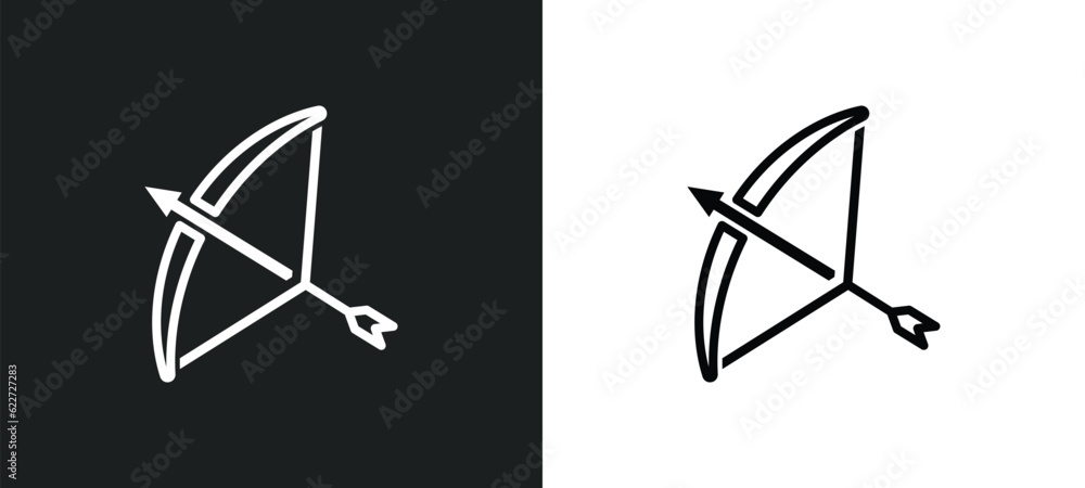 Poster bow and arrow outline icon in white and black colors. bow and arrow flat vector icon from fairy tale