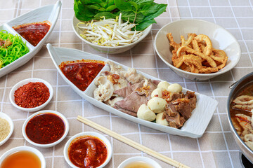 Soft Boiled Mixed Meat with Spicy Dip.  Thicken Boat Noodles Soup