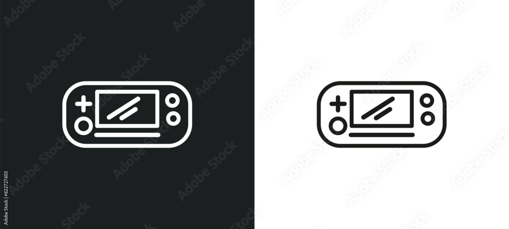 Poster handheld game outline icon in white and black colors. handheld game flat vector icon from entertainm
