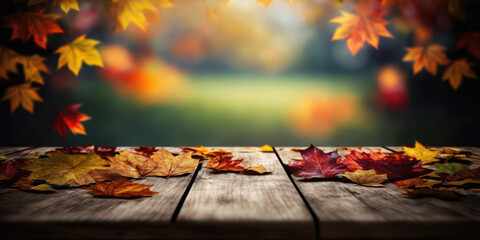 Naklejka na ściany i meble Empty wooden tabletop on a Abstract Autumn blurred Background with colorful Fallen Maple Leaves on Wooden plank table, copy space