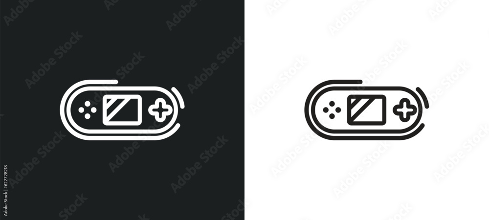 Poster handheld game outline icon in white and black colors. handheld game flat vector icon from entertainm
