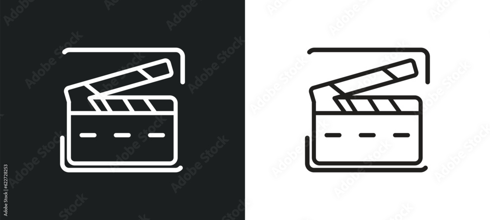 Poster clapboard outline icon in white and black colors. clapboard flat vector icon from entertainment and 