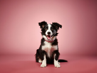 Border Collie puppy sitting on a pink background
