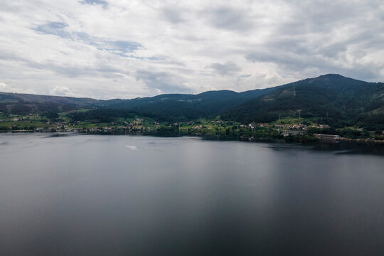 Aerial view of Minho river in Val de Pereira, Ourense, Spain.