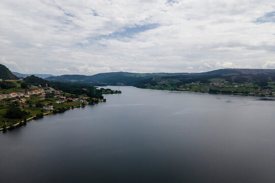 Aerial view of Minho river in Val de Pereira, Ourense, Spain.